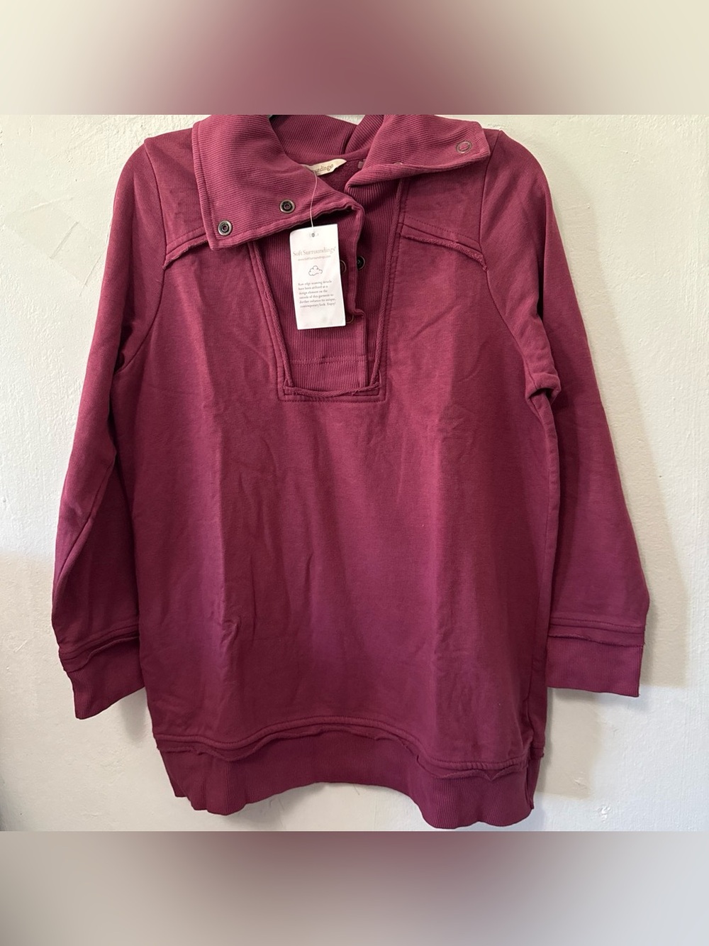 Soft Surroundings Burgandy Snap Funnel Neck Tunic Sweatshirt Womens PL NWT